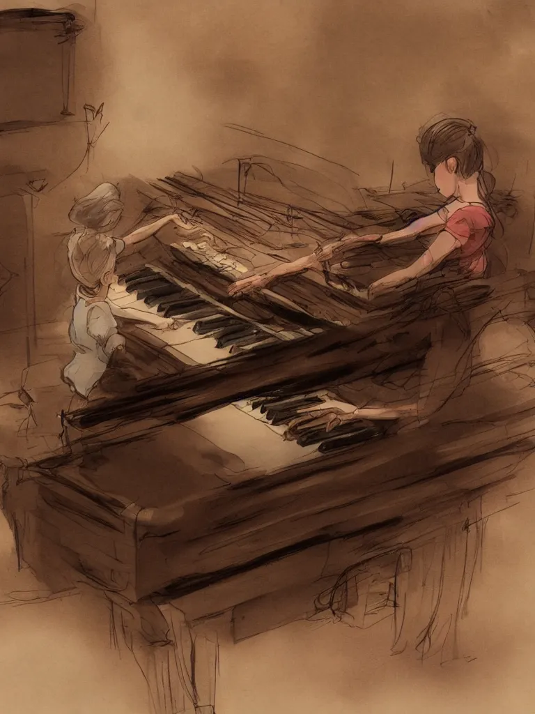 Prompt: playing piano by disney concept artists, blunt borders, rule of thirds