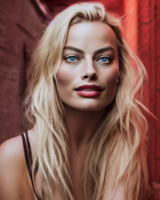 Image similar to Beautiful Head and shoulders portrait of confident flirty margot robbie with straight long blonde hair, by Zoë Mozert , alberto Vargas, arney freytag, artstation, 35mm, fashion photoshoot, posing in an urban street, fashion pose, octane, 4k