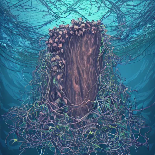 Image similar to A gigantic chest covered in vines underwater, Trending on Artstation,Digital art.