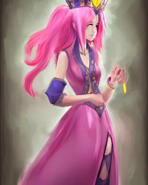 Prompt: concept art of a princess, she has pink hair and a yellow crown, anime art, digital painting, hd, smooth, full body shot, tran ross