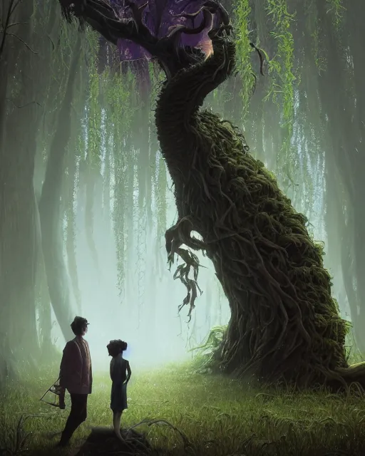 Image similar to highly detailed surreal vfx portrait of a cursed monster in a shadowy forest by a willow tree, stephen bliss, unreal engine, greg rutkowski, loish, rhads, beeple, makoto shinkai and lois van baarle, ilya kuvshinov, rossdraws, tom bagshaw, alphonse mucha, global illumination, detailed and intricate environment