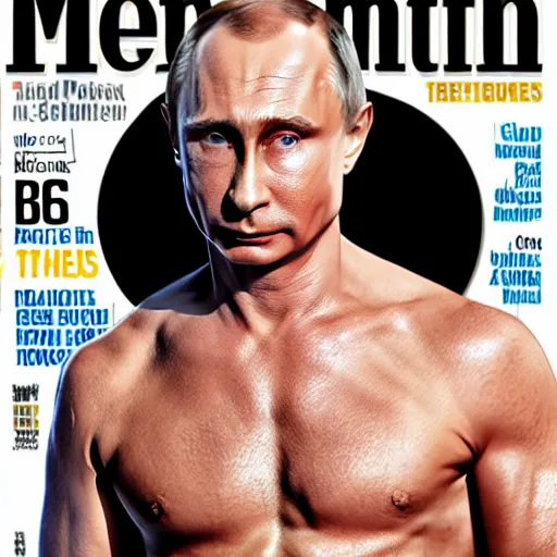 Prompt: a shirtless vladimir putin on the cover of men's health