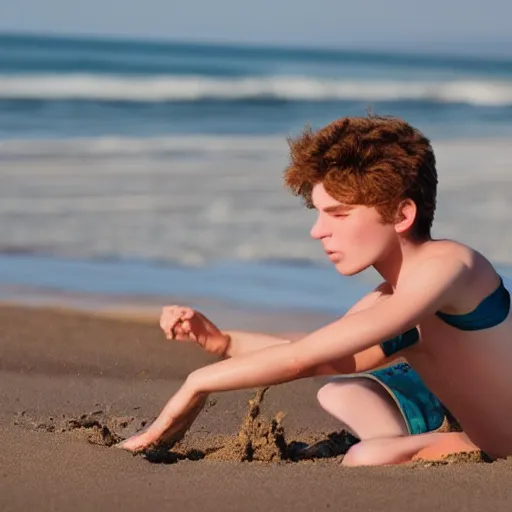 Image similar to beautiful teenage boy with pale skin amd natural brown hair is digging in the sand on a beach. Blue sky. Detailed face. Photo 8K.