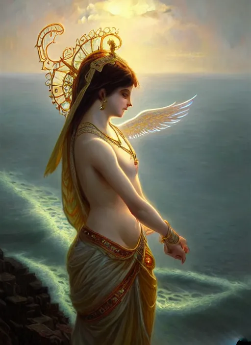 Image similar to : a beautiful cinematic krishna archangel fantasy sea landscape, fantasy magic, dark light night, intricate, elegant, sharp focus, illustration, highly detailed, digital painting, concept art, matte, art by WLOP and Artgerm and Greg Rutkowski and Alphonse Mucha, masterpiece