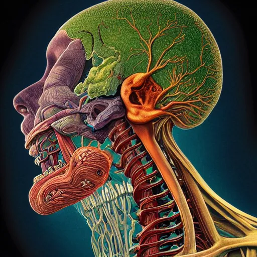 Image similar to nightmare etherreal iridescent vascular nerve bundles pearlescent spinal chord horror by Naoto Hattori, Zdzislaw, Norman Rockwell, Studio Ghibli, Anatomical cutaway