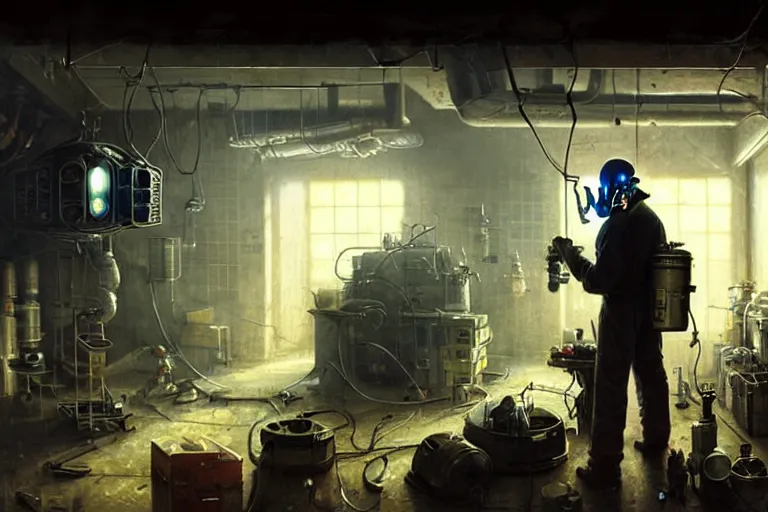 Prompt: Movie Still Upclose of a factory worker wearing a gas mask while repairing an alien spacecraft in his garage by Greg Rutkowski, Thomas Kinkade