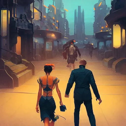 Prompt: sargent and leyendecker and greg hildebrandt, walking down the streets of a futuristic desert city, with neon lights, stephen bliss, unreal engine, fantasy art by greg rutkowski, loish, rhads, ferdinand knab, makoto shinkai, ilya kuvshinov, rossdraws, global illumination, radiant light, detailed and intricate environment