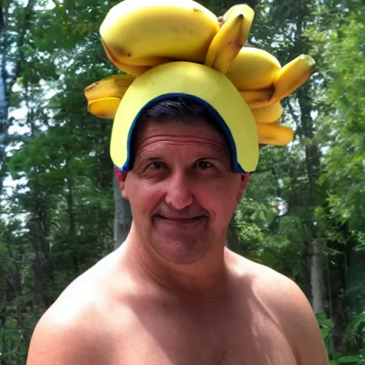 Image similar to photo of a man wearing a banana hat