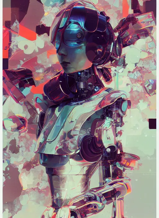 Image similar to surreal gouache painting, by yoshitaka amano, by ruan jia, by conrad roset, by Kilian Eng, by good smile company, detailed anime 3d render of a female mechanical android, portrait, cgsociety, artstation, modular patterned mechanical costume and headpiece, retrowave atmosphere