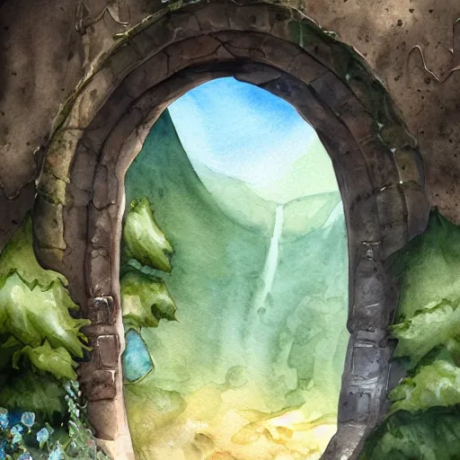 Image similar to portal to a valley, paved, botanic watercolors, iridescent, 8 k, realistic shaded, fine details, artstation, italian, iron gate