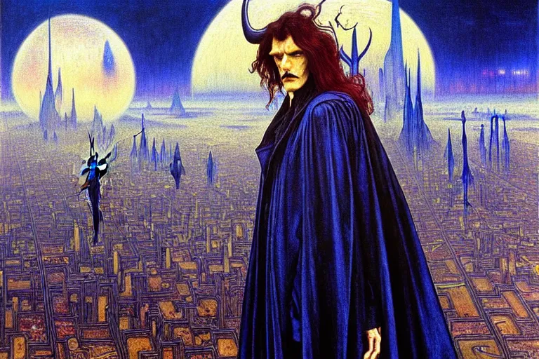 Image similar to realistic extremely detailed portrait painting of an elegantly creepy vampire man in a cape, futuristic sci-fi city on background by Jean Delville, Amano, Yves Tanguy, Alphonse Mucha, Ernst Haeckel, Edward Robert Hughes, Roger Dean, rich moody colours, blue eyes