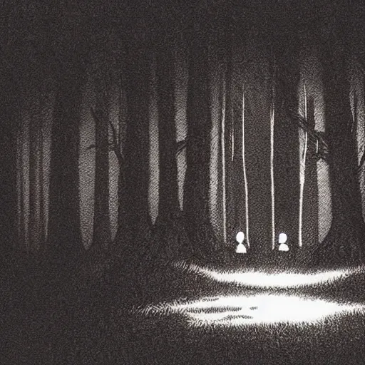 Prompt: glowing sets of eyes peering from a dark woods at night, haunting, studio ghibli