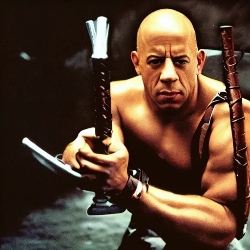 Image similar to candid photo of Vin Diesel dressed as a Namekkian warrior by Annie Leibowitz, photorealisitc, extremely detailed, UHD, correct face, hyperrealistic