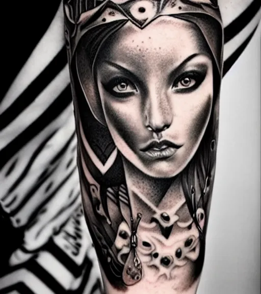 Prompt: tattoo design of a beautiful girl warrior under a tiger head, hyper realistic, realism tattoo, by eliot kohek, beautiful eyes, realistic face, black and white, white background