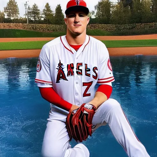 Image similar to “a realistic detailed photo of a guy who is named Mike Trout a baseball player, frozen like a statue, with shiny skin, by a pool, on display”