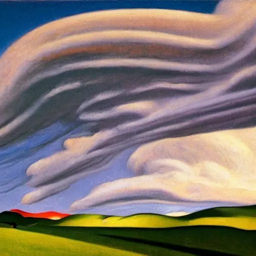 Image similar to dramatic landscape of donegal ireland after the storm, mammatus clouds and lenticular clouds, by edward hopper and giorgio de chirico