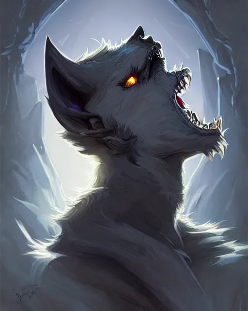 Image similar to gray werewolf, backlight, rim lighting, deep focus, d & d, fantasy, intricate, elegant, highly detailed, digital painting, artstation, concept art, matte, sharp focus, illustration, hearthstone, art by artgerm and greg rutkowski and alphonse mucha