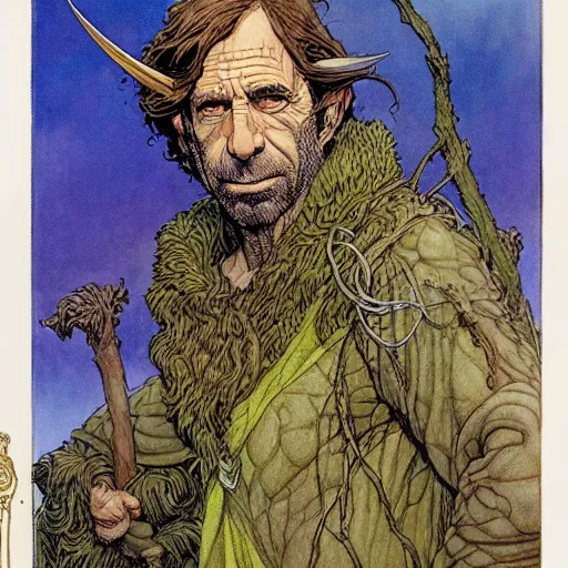 Prompt: a realistic and atmospheric portrait of humprey bogart as a druidic warrior wizard looking at the camera with an intelligent gaze by rebecca guay, michael kaluta, charles vess and jean moebius giraud