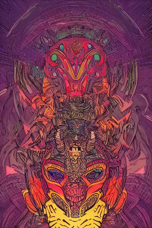 Image similar to totem animal tribal chaman vodoo mask feather gemstone plant video game illustration vivid color borderlands and by feng zhu and laurie greasley, victo ngai, andreas rocha, john harris radiating a glowing aura