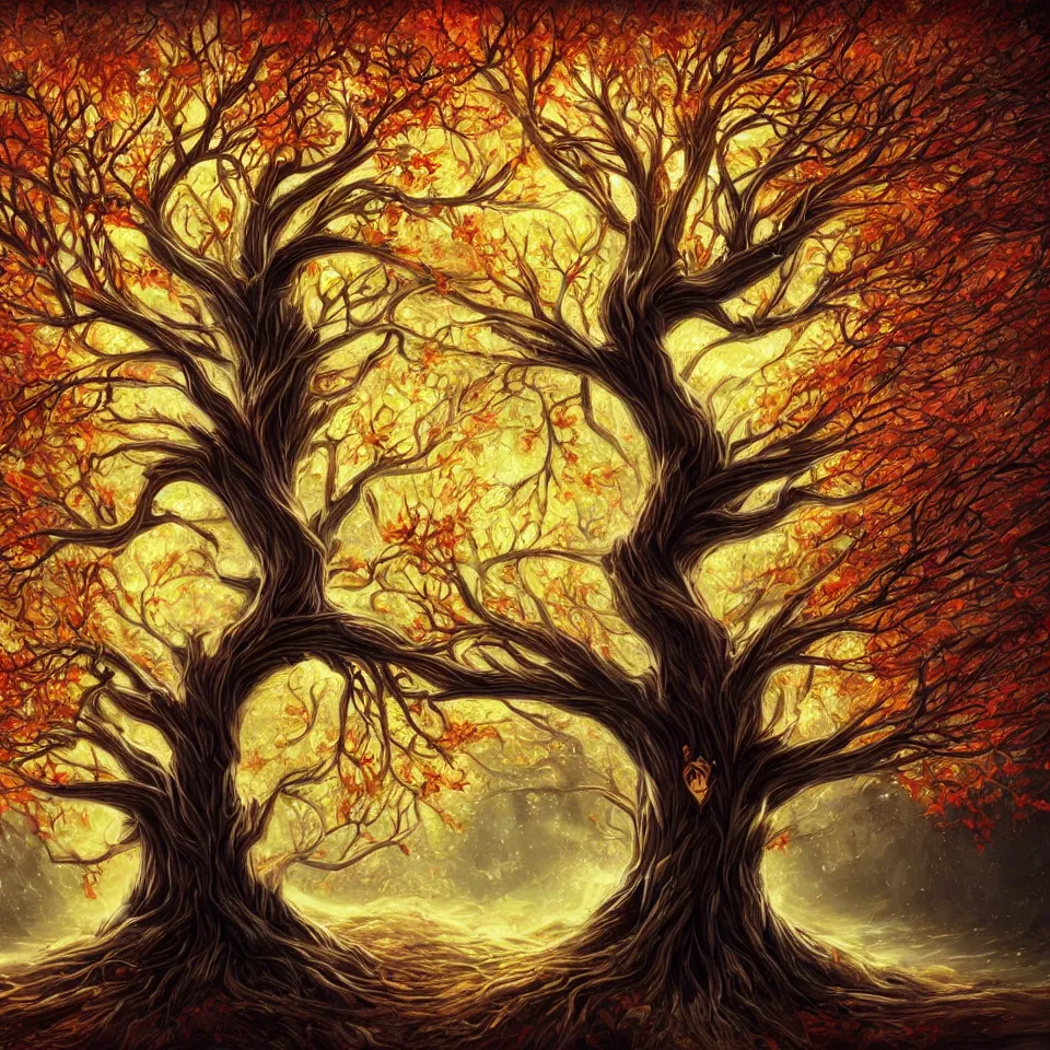 Image similar to tree of life, beautiful autumn spirit, digital art, concept art, fantasy art, highly detailed, hd wallpaper, artstation, deviantart, abeyance