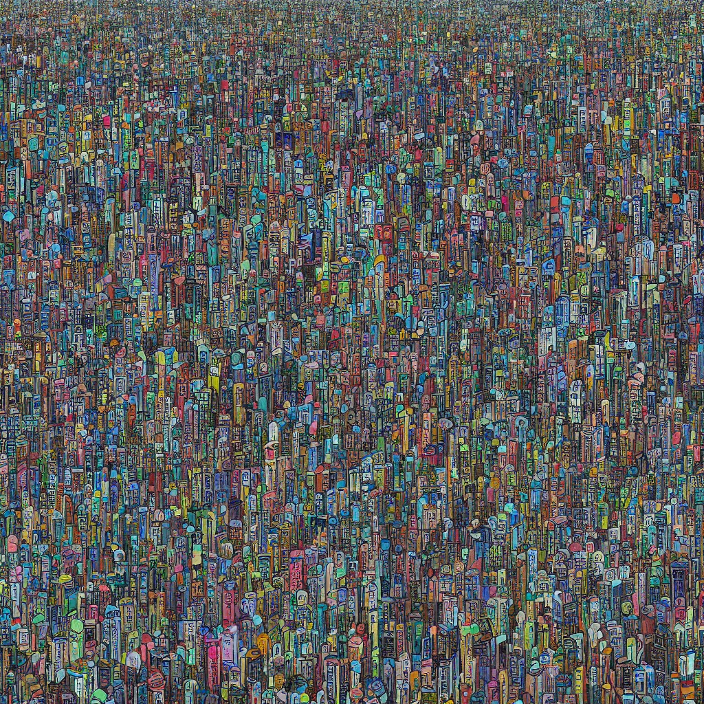 Prompt: wimmel bild by martin handford, by hiro kamigaki, tiny people in a huge city, perspective, digital art, surrealism,