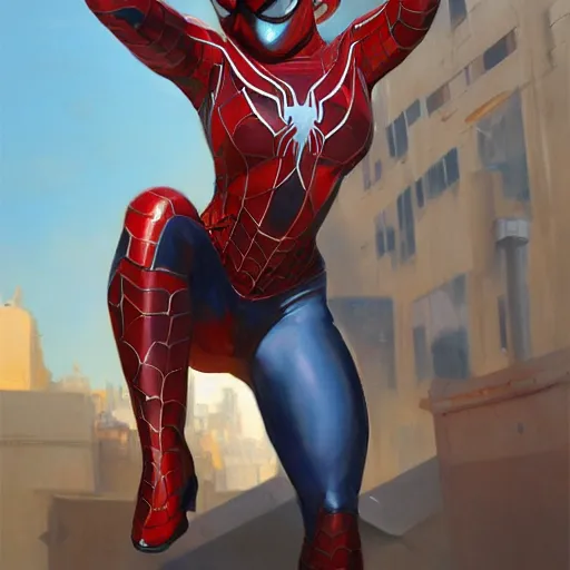 Image similar to greg manchess portrait painting of partially armored female iron spiderman as overwatch character, medium shot, asymmetrical, profile picture, organic painting, sunny day, matte painting, bold shapes, hard edges, street art, trending on artstation, by huang guangjian, gil elvgren, ruan jia, greg rutkowski, gaston bussiere