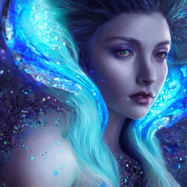 Prompt: detailed portrait of beautiful witch made of blue plasma, dark fantasy, sharp focus, vibrant, vivid, glowing magical shiny skin, symmetry, highly detailed, 4 k digital painting, detailed skin, iridescence reflecting, crystal particles, magical, raytracing, plasma, artistic, concept art by artgerm, greg rutkowski, alphonse mucha, unreal engine render,