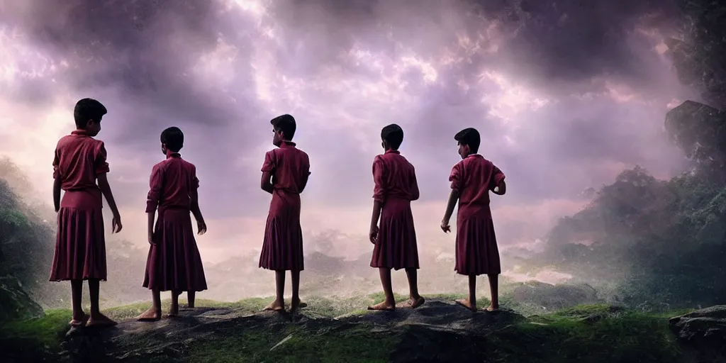 Image similar to kerala school boys wearing girls dresses posing for a photo, an epic fantasy, dramatic lighting, cinematic, establishing shot, extremely high detail, photorealistic, cinematic lighting, artstation, matte painting by christopher nolan, horizon forbidden west