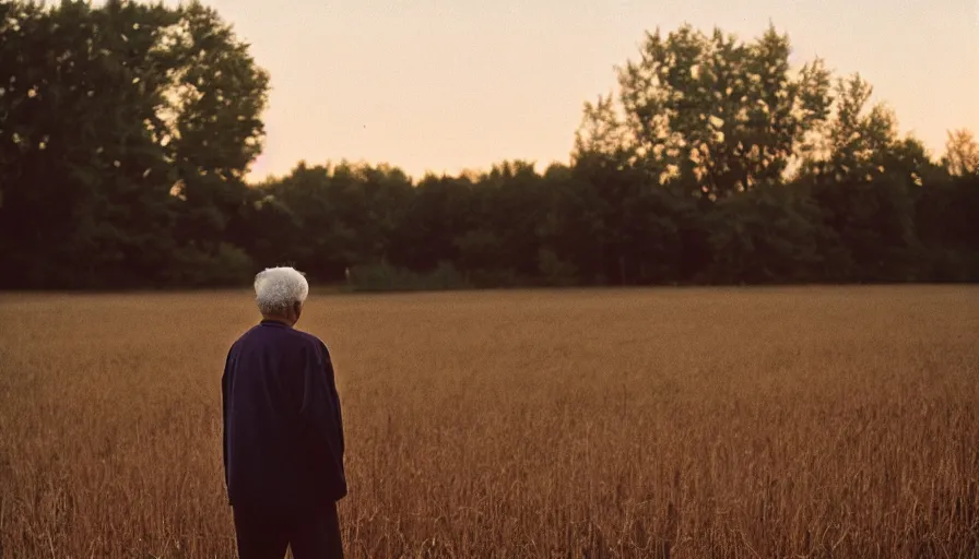 Image similar to cinematic movie still of an old man in a northwest new jersey in field, cinestill 8 0 0 t 3 5 mm eastmancolor, heavy grain, high quality, high detail, golden hour, warm light