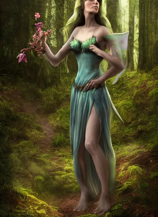 Image similar to beautiful photorealistic matte painting full body portrait fairy faerie fey fae queen standing in forest highly detailed subtle enchanting magic