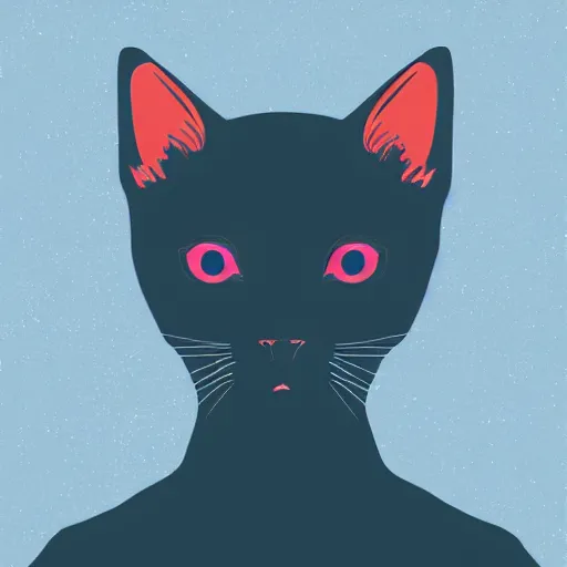 Image similar to a simplified vector based illustration about a cyberpunk kitten, centred face portrait, space colors, smooth and clean vector curves, no jagged lines