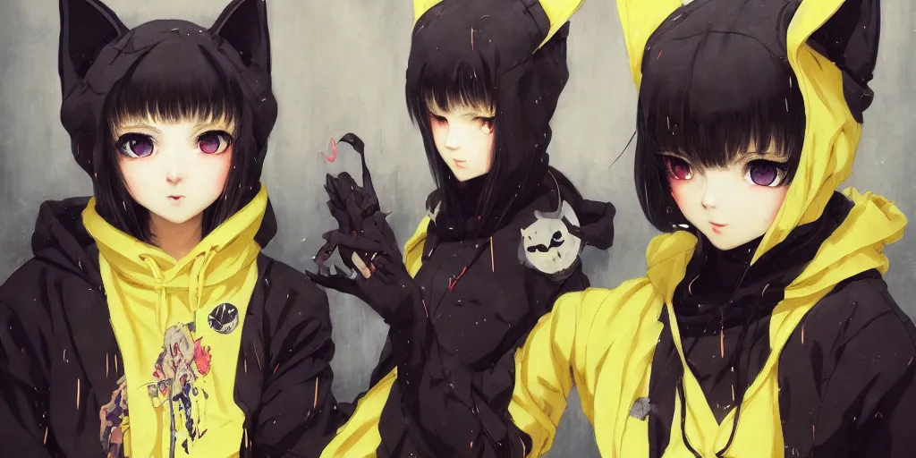 Prompt: yellow eyes, beautiful, anime, cyborg - girl, wearing a cat hoodie, wlop, ilya kuvshinov, artgerm, krenz cushart, greg rutkowski, hiroaki samura, range murata, james jean, katsuhiro otomo, erik jones, serov, surikov, vasnetsov, repin, kramskoi