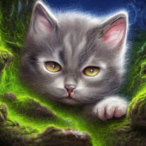 Image similar to rescue from the underworld, shadows of the past, chubby moss kitten, highly detailed, digital painting, HDRI, by tyler boswell and jeff easley, vivid colors, high contrast, 8k resolution, intricate, photorealistic, smooth