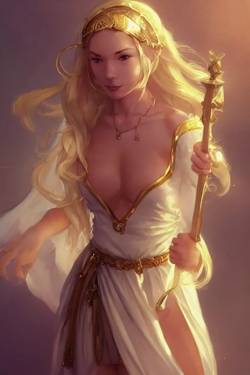 Prompt: Pretty sensual Female Cleric, white robes, golden details!, church background!, golden hair, green eyes, light brown skin!, detailed face, cute smile, DND, D&D, low fantasy, by WLOP, Stanley Artgerm Lau, frank frazetta, Rossdraws, James Jean, artgerm, trending on Arstation, artstationHD, artstationHQ, cgsociety, HD 16K, extremely detailed, face details!, pose