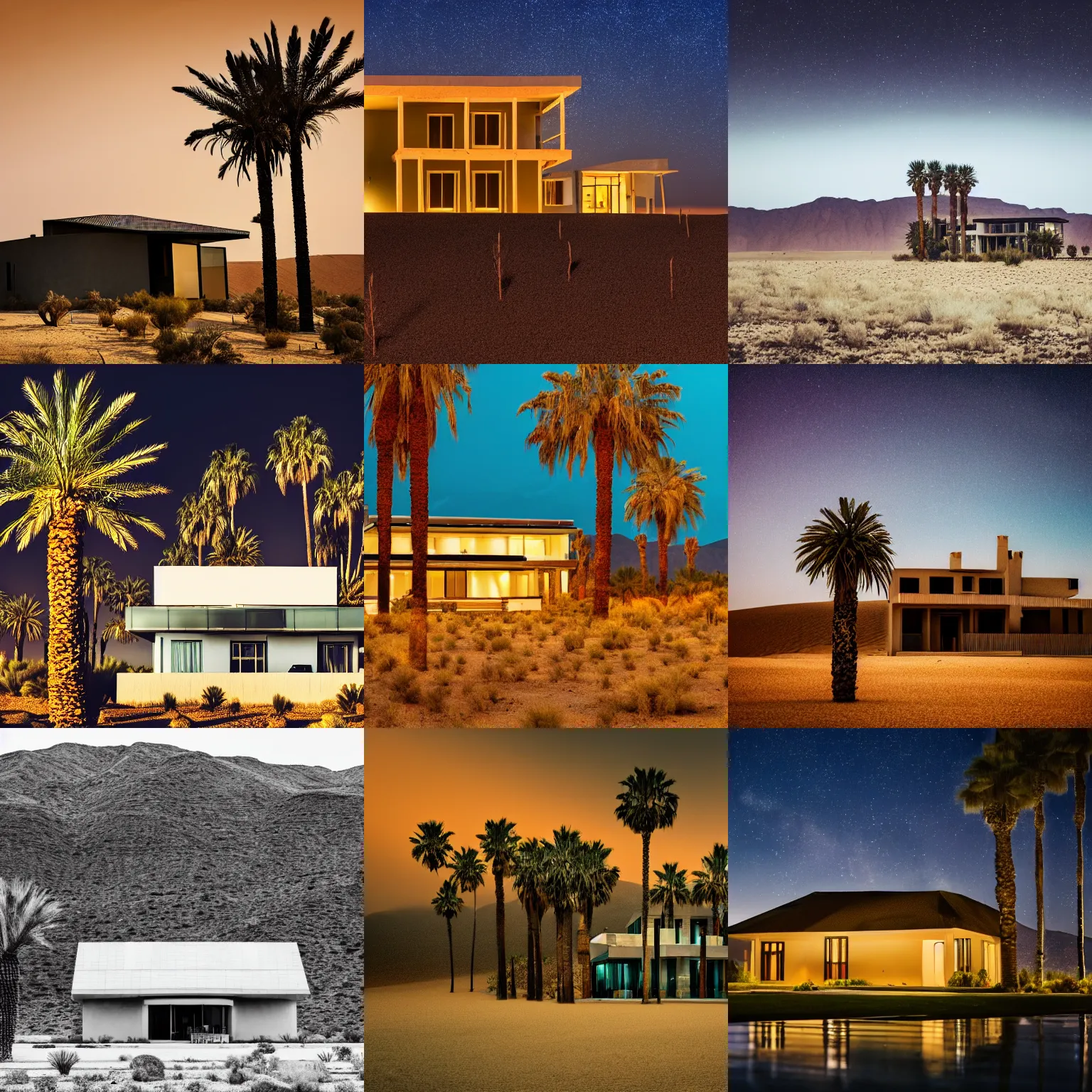 Prompt: architectural photography of cinematic house in a vast valley in desert, palm trees, rain, night