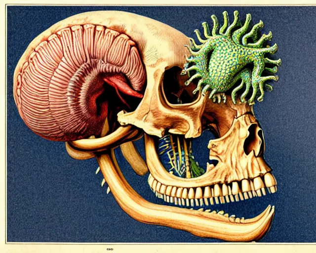 Prompt: hyper-detailed color pencil antique medical illustration of Kaiju head cross-section, nautilus brain, ribcage, xhenomorph, with tentacles coming out of open mouth and exposed jaw bone, spinal column, cochlear region, cerebral corpus callosum, vastus lateralis, cerebellar peduncle, interventricular foramen, symmetrical H 768