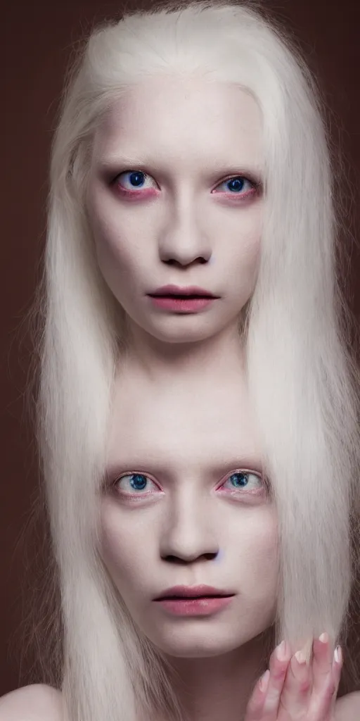 Prompt: photo portrait of a female albino model with white hair and pink eyes and pale skin
