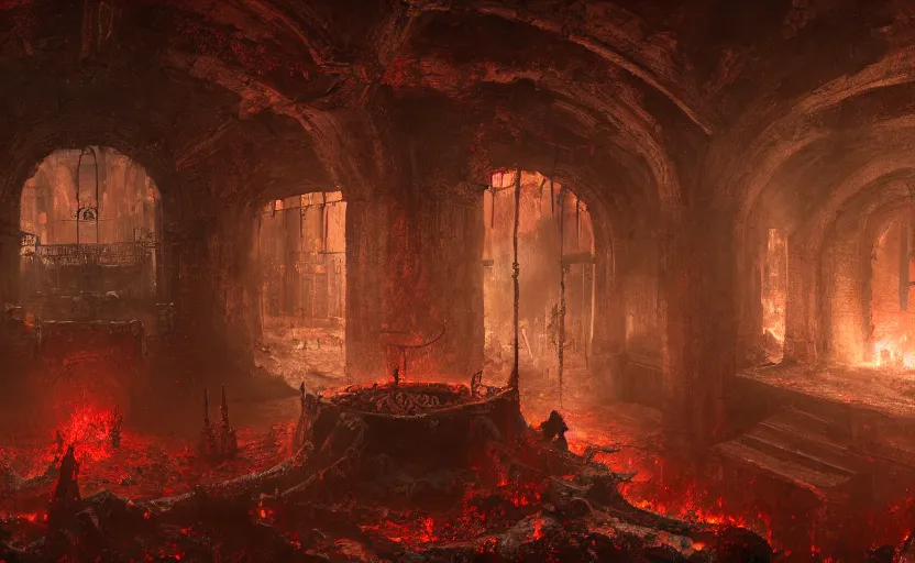 Prompt: a detailed matte painting of one of hells most infamous torture chambers, in the 8 th layer of hell, in the style of doom eternal and dark souls, unreal engine, trending on cgsociety, highly detailed, digital painting, concept art, 4 k wallpaper