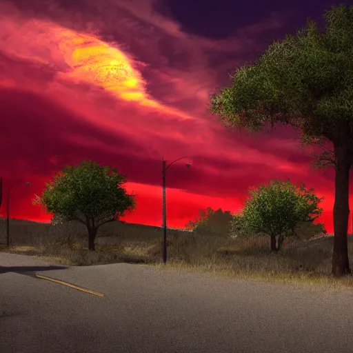 Image similar to photo of abandoned town, red sky, glowing red sun, concept art