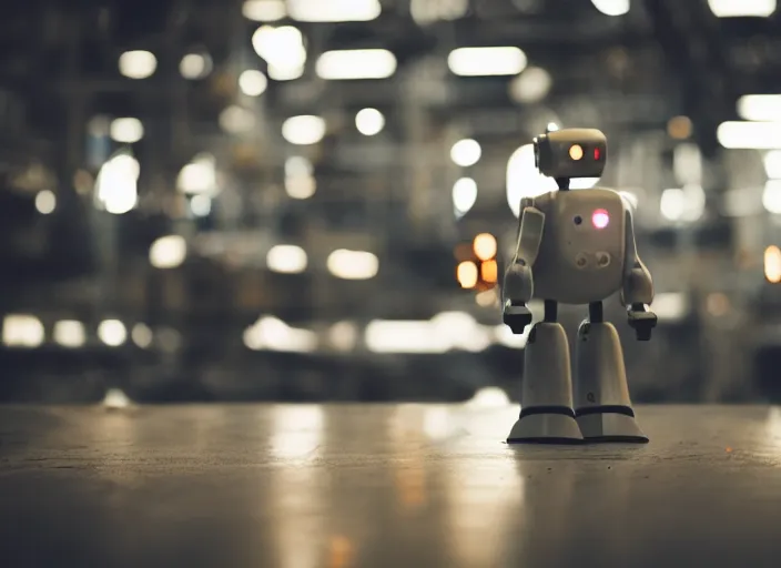 Image similar to a 3 5 mm photo of a robot in a factory, bokeh, canon 5 0 mm, cinematic lighting, film, photography, golden hour, depth of field, award - winning