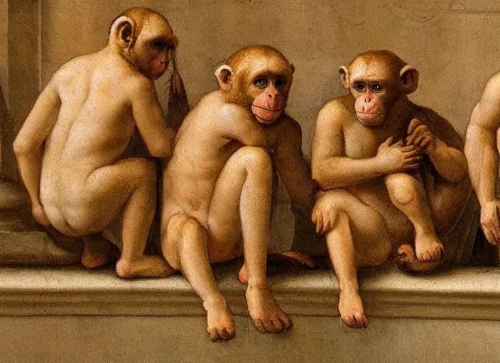 Image similar to detailed renaissance style painting of 3 monkeys enjoying the roman baths, soft edges, oil painting