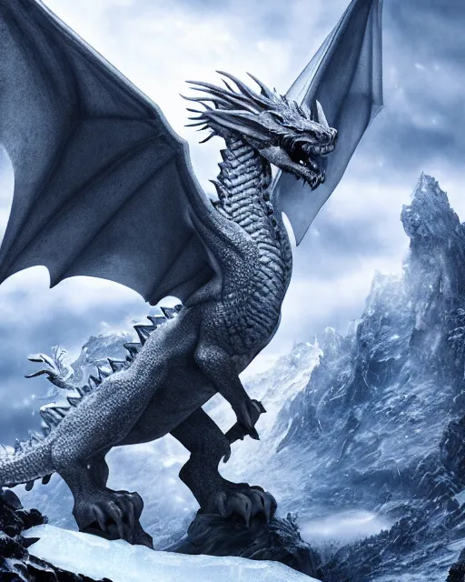 Image similar to giant ice dragon standing on a mountain, highly detailed, 4 k, hdr, award - winning, directed by zack snyder, trending on art station, matte