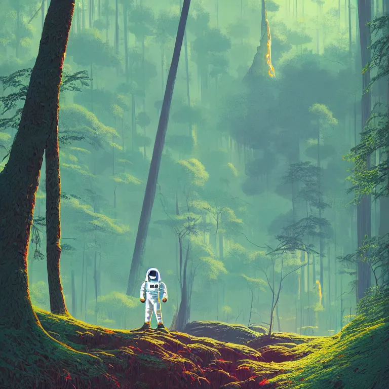 Image similar to illustration of a futuristic astronaut in a forest, highly detailed, by James Gilleard and Bruce Pennington