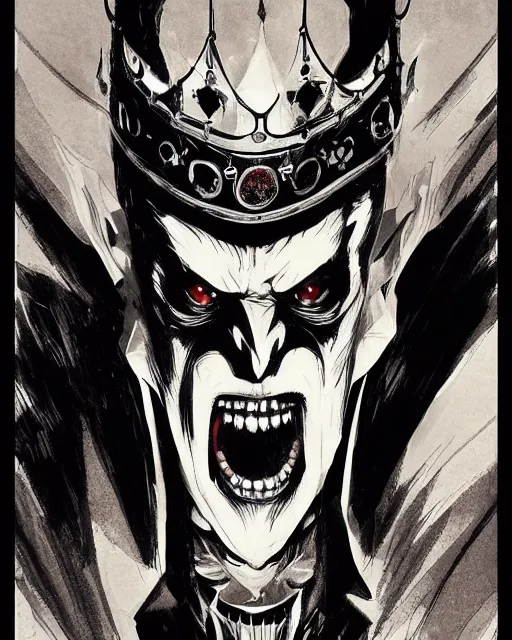 Image similar to handsome vampire king with crown and fangs, symmetrical face, evil, cinematic, dramatic, powerful, super detailed and intricate, by koson ohara, by darwyn cooke, by greg rutkowski, by satoshi kon