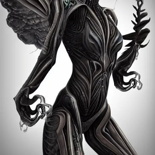Image similar to alien woman - wings, organic armor, three eyes, tentacles, realistic