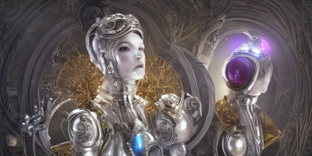 Image similar to a incredible elegant hollow bionic art nouveau alien galaxy japanese pearl queen superheroes, mithras, with ornate jewelled, sci - fi, high - tech, the met museum, streamlined, futuristic, spot lighting, led, photorealistic, high detailed, concept art, exquisite aristocratic, industrial factory by leonardo da vinci rendered in octane 8 k