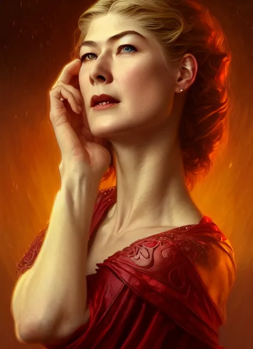 Image similar to portrait of rosamund pike as a vampire lord, jewelry, greek, ruby, intricate, headshot, highly detailed, digital painting, artstation, concept art, sharp focus, cinematic lighting, illustration, art by artgerm and greg rutkowski, alphonse mucha, cgsociety