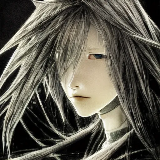Image similar to Yoshitaka Amano realistic illustration of an anime girl with wavy white hair and cracks on her face wearing dark souls armour with the cape fluttering in the wind, abstract black and white patterns on the background, noisy film grain effect, highly detailed, Renaissance oil painting, weird portrait angle