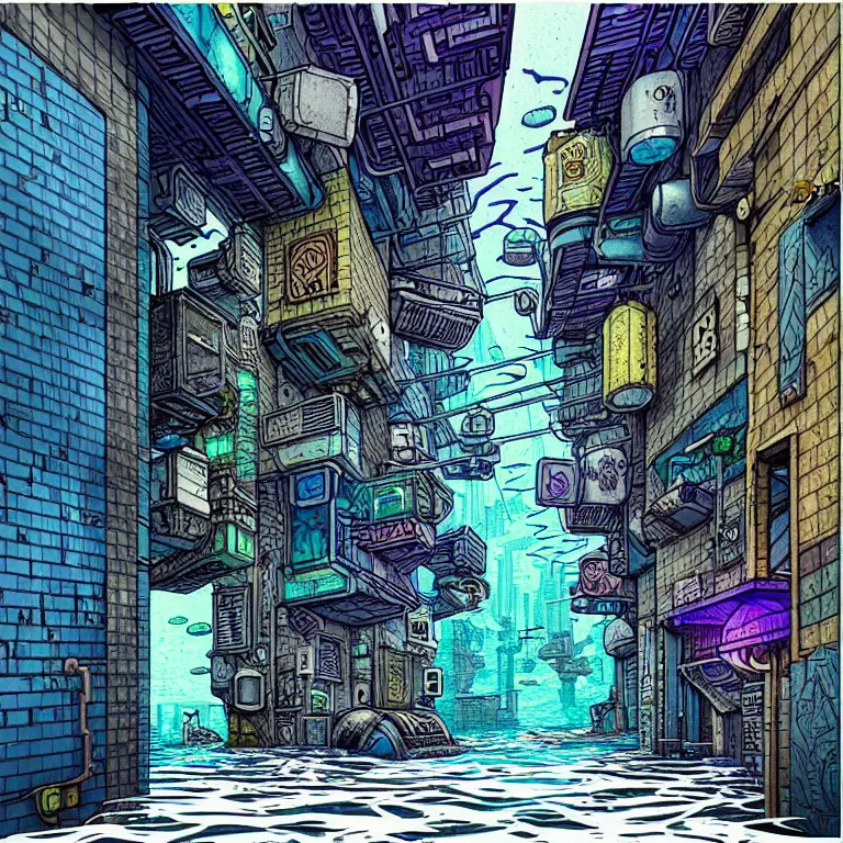 Image similar to an absurdly-detailed cyberpunk alleyway colored-pen drawing as a fancy square tile. Sea-life in a submerged-city.