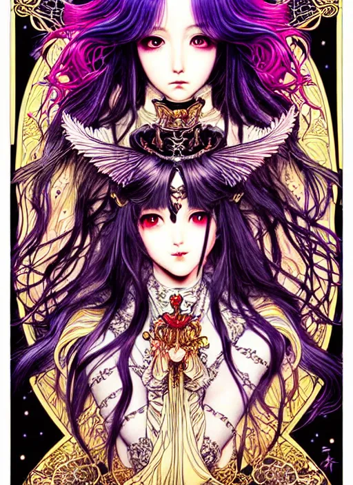 Image similar to highly detailed terada katsuya ayami kojima atrstation manga poster of princess mechine, rainbow gradient reflection, cute face by artgerm, art nouveau, long hair, armor, dress, laces, ruffles, 8 k, maximalist, golden ratio, jump comics